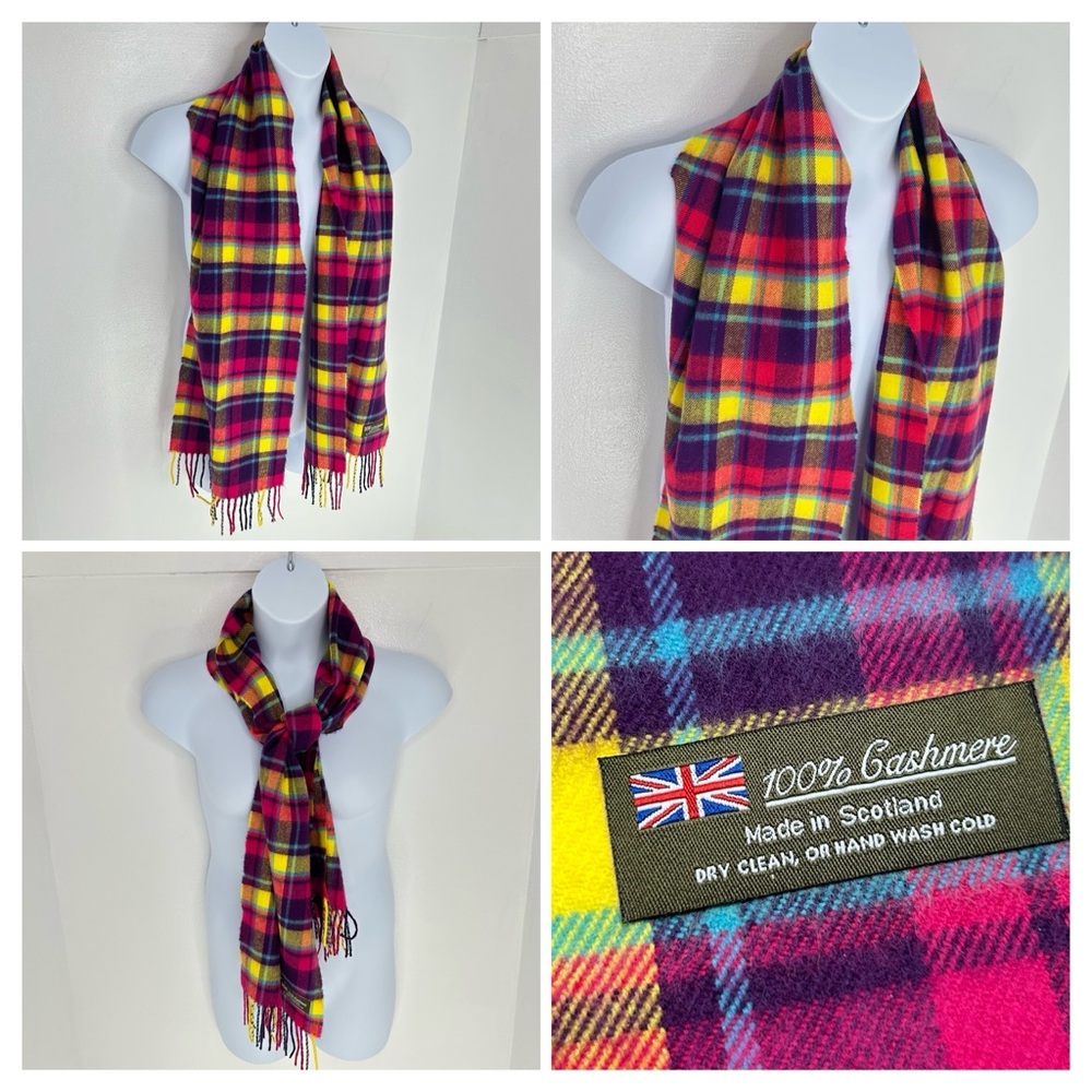 100% Cashmere Tartan Scarf Made in Scotland Vintage Plaid‎ Fringe Warm 12 x 62